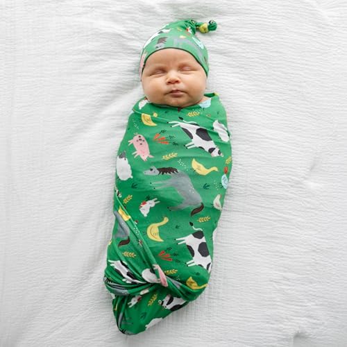 Image of Little Sleepies Swaddle & Hat Set, Baby Swaddles Newborns, Soft Viscose from Bamboo Swaddle Blanket Wrap (Green Farm Animals)