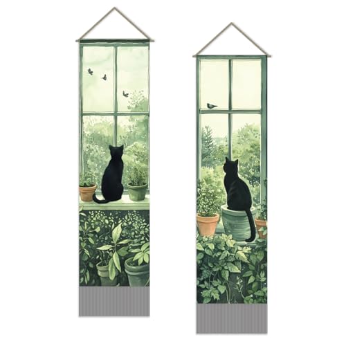 SUPERDANT 2 pz. arazzo con Gatto Nero e Finestra Moderno Verde Da Appendere Alla Parete con Nappe Verticali Lunghe e Pali Corde Decorazione per casa Soggiorno Appartamento Hotel 130x33cm