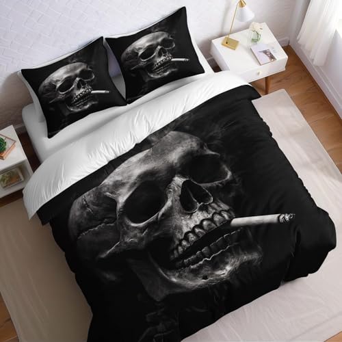 Juego de Ropa de Cama 3 Piezas Cama 135 Negro Funda nórdica 220x220 cm Cráneo Suave y Transpirable, Incluye 2 Fundas de Almohada 50x75 cm