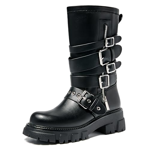 Women's Mid Calf Buckle Combat Boots Low Chunky Heel Motorcycle Riding Biker Boots