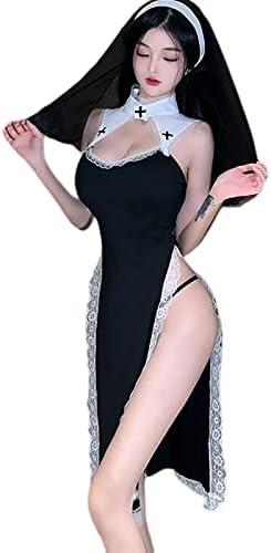 [LIKENNY] シスター 修道女 セクシー コスプレ 聖女 牧師 宣教師 修道服 可愛い メイド服 ベビードール ランジェリ レディース 女性用 ハロウィン 教会 聖歌隊 コスチューム (ブラック) 詳細画像1