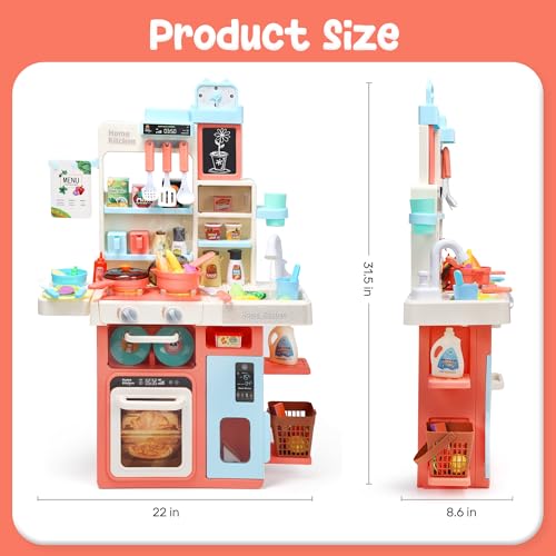 Image of HOLYFUN Kids Kitchen Playset, Kitchen Set for Toddler with Sound and Light, Cooking Stove with Steam, Play Sink and Toy Kitchen Accessories, Pretend Kitchen Toys for Kids Girls Boys, Pink