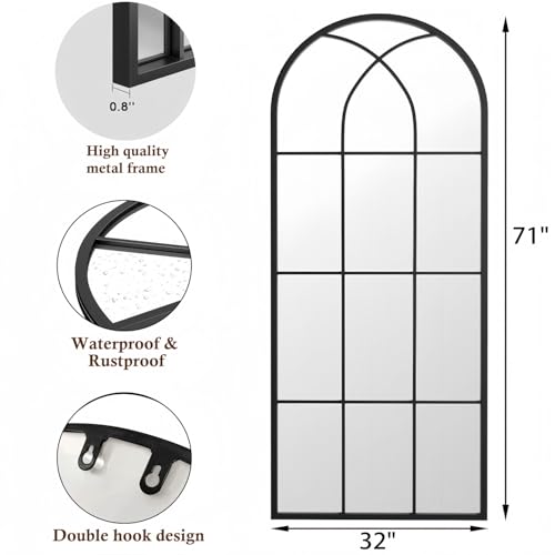 Image of Dewfig Arched Full Length Mirror, 71 inchx 32 inch Windowpane Floor Mirror, Black