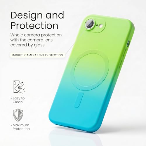 Image of amazon basics Gradient Mag-Safe Case for iPhone 16E | Soft Silicone Shockproof Cover with Camera Protection | Slim Lightweight Design | Smooth Touch & Durable - Green & Blue