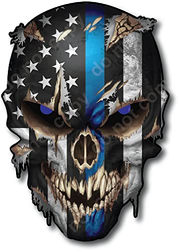 Image of Blue Line Skull Decal Sticker with Reflective Eyes Thin Stripe I Support Police Vinyl Bumper Graphic Black White Emblem for Car Truck Vehicle Peel and Stick Graphic