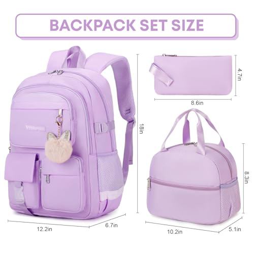 3PCS School Backpack For Student Women College Middle High Teen Girls Bookbag Waterproof Laptop Bag Purple3