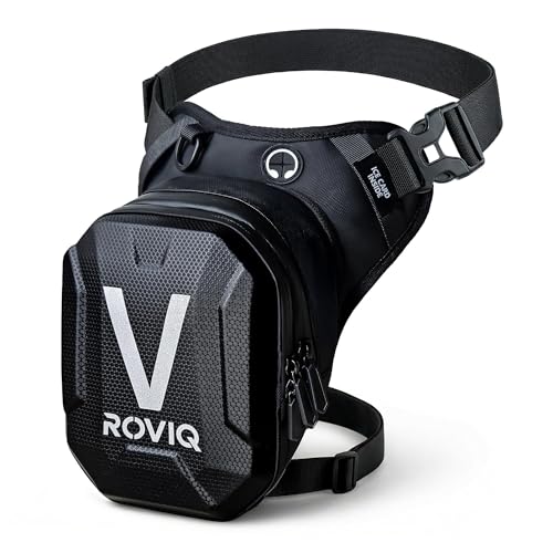 ROVIQ Pernera Moto Unisex, Bolsa Pierna Moto expandible 10-16 cm con 2 Compartimentos, Frontal EVA/PU semirrígido, Bolsillo Ice Card, 2 Ice Cards y mosquetón - Accesorios Moto