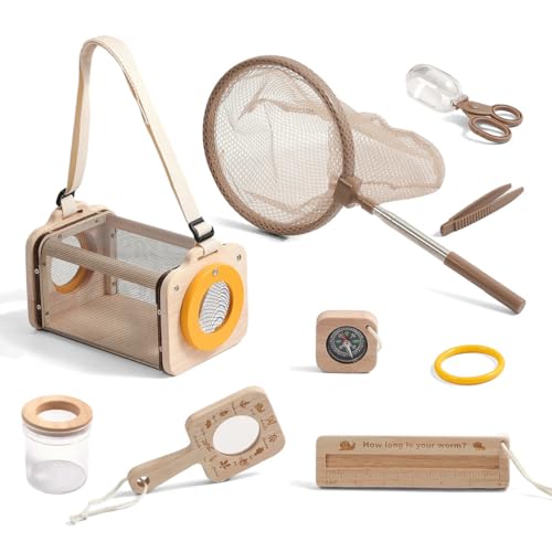 Wooden Bug Catcher for Kids, 8-in-1 Insect Exploration Set with Butterfly Net, Magnifying Glass, Bug Habitat, Tweezers, Compass,Outside Toys for Toddlers
