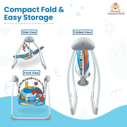 Image of Infantso Automatic Baby Swing Rocker with Hanging Toys and Remote Control for Newborn Baby - Foldable with Speed Adjustment and Safety Harness (Blue)