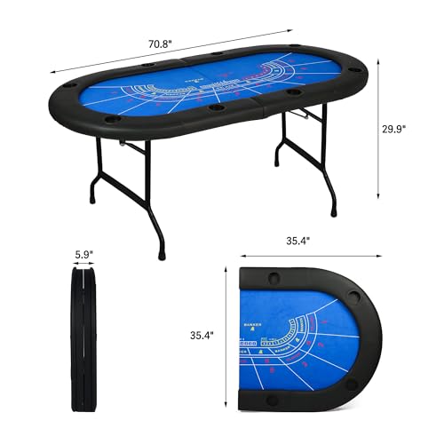 LUCKYERMORE Foldable Poker Texas Holdem & Blackjack Table for 8 Players - Portable Board Game Table with Plastic Cup Holders - Casino Table with Padded Rails & Blue Felt Surface - Thumbnail 5