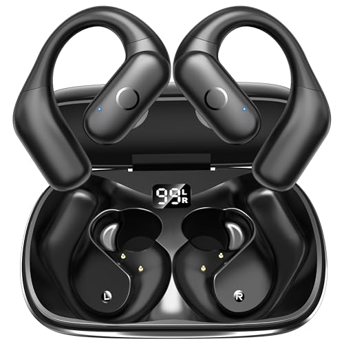 kurdene Active Noise Cancelling Wireless Earbuds Bluetooth Headphones for Sport, Digital Display, 66H Playtime, Deep Bass Sound Ear Buds, Open-Ear Secure Fit for Running, Workout-Black