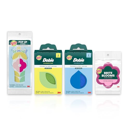 Image of Scotch-Brite Brite Blooms Collection, 1 Extra Gentle Flower Shaped Kitchen Sponge, 3 Pop Up Dish Sponges that Expand with Water, and 4 Dobie Non-Scratch Sponges