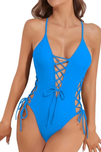 Image of Tempt Me Women Sexy Lace Up One Piece Swimsuit Deep Plunge V Neck High Cut Bathing Suits