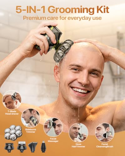 Image of 7D Head Shavers for Bald Men, Close & Smooth Electric Razor for Head, IPX7 Waterproof Wet /Dry Shaving, 5-in-1 Grooming Kit, Ideal for Daily Home Use, Low Noise-Metal Gold