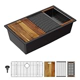 Lordear 33 Inch Black Undermount Kitchen Granite Composite Workstation 33x19 Matte Black Undermount Quartz Sinks Under Counter Single Bowl Sink with Matte Black Accessories
