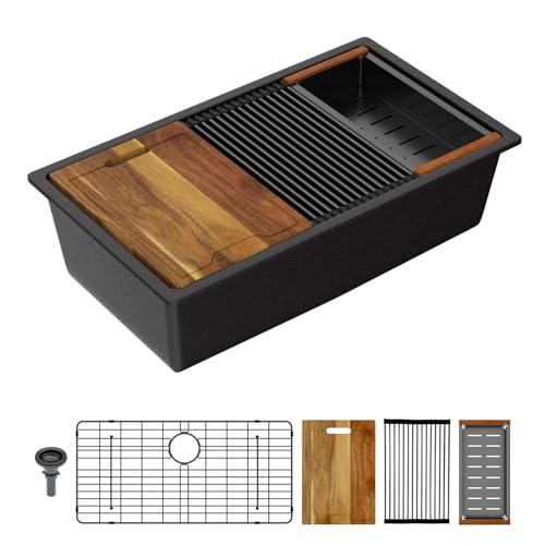 Lordear 33 Inch Black Undermount Kitchen Granite Composite Workstation 33x19 Matte Black Undermount