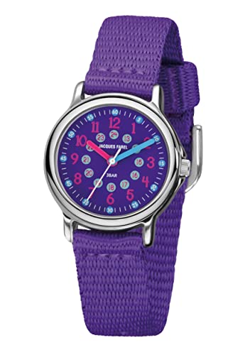 JACQUES FAREL Kinder-Armbanduhr Lernuhr Mädchen Analog Quarz mit Textilband extra weich Violett Lila KCF 089