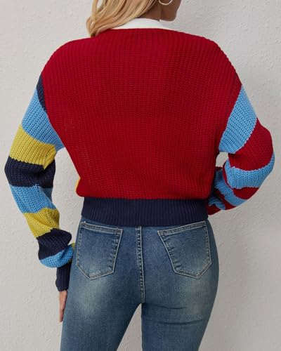 CHARTOU Women's Colorful Letter Cable Knit Sweaters Cardigan V Neck Button Down Color Block Y2k Outfits 20242