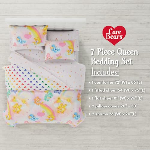 Image of Care Bears Classic Retro Rainbow Bedding 7 Piece Super Soft Comforter and Sheet Set with Sham, Queen, (100% Official Licensed Product) By Franco Collectibles