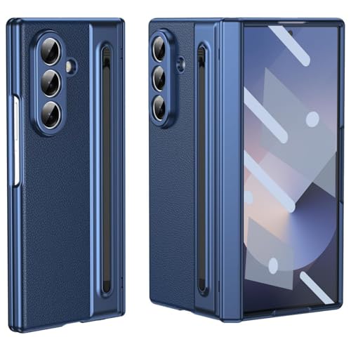 Image of Ultra Hybrid Luxury Leather Compatible with Samsung Galaxy Z Fold 7 (2025) | Built-in S Pen Holder | 360 Hinge Protection | Slim Shockproof Back Cover with Tempered Glass - Blue