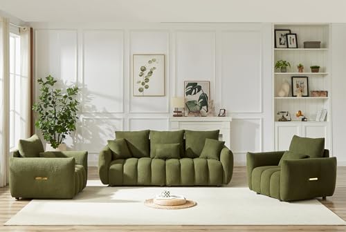 Antetek Set of 3 Teddy Sofa for Living Room, Modern 2 Units Deep Seat Sofa Chairs and an Oversized 3-Seater Cloud Boucle Couch for Bedroom, Office, Apartment, Furniture Set, Green (3 Pieces)