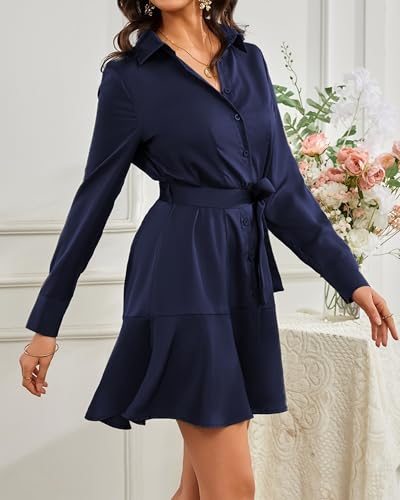 Image of Women's Long Sleeve Button Up Midi Belt Shift Collar Dress with Pockets for Work Office Business
