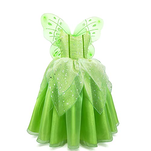 FYMNSI Costume de Fée Clochette pour Filles Enfants Tinkerbell Déguisements Robe Longue Verte avec Papillon Ailes d'anniversaire Tenues de Fête d'halloween Noël Habiller Carnaval Cosplay 6-7 Ans