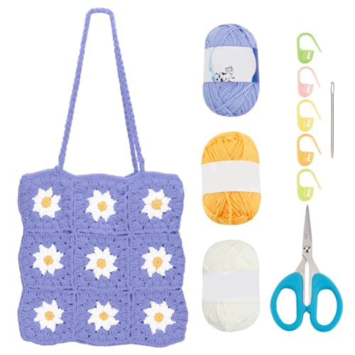 ORIGACH Kit de bolsa de crochê de margarida DIY para iniciantes e adultos, conjunto de bolsa de ombro quadrada de crochê floral para iniciantes, acessórios completos de crochê para fazer uma bolsa com