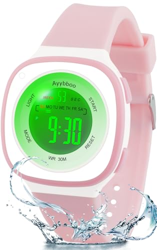Ayybboo Montre Enfant,7 Lumières de Couleur Montre pour Fille Garçon,Montre Digitale Enfant pour Enfants avec Motif de Chat,3ATM Etanche/Digital/Bracelet Souple pour 4-12
