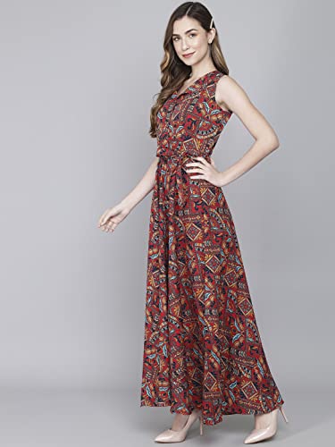 Image of Rudraaksha Women's Printed Maxi Dress Sleeveless Fit & Flare Long Dress || Western Dress for Women || Stylish Maxi Dress Dress || Summer Dress || Boho Printed Dress for Women