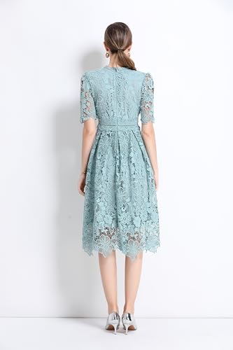 Image of LAI MENG FIVE CATS Women's Lace Floral Short Sleeve Crochet Waist Cocktail Midi Dress