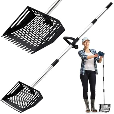 Chicken Poop Scooper, 10 Inch 2 in 1 Stainless Steel Sand Sifting Shovel & Rake with 35" to 62" Adjustable Length, Durable Litter Cleaner with Detachable Handle for Chicken Coop Farm Animal(Black)