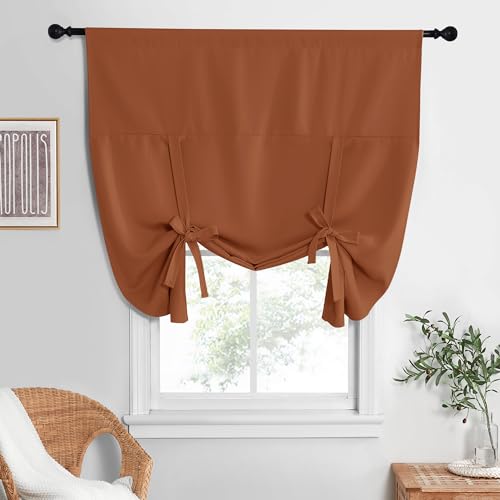 NICETOWN Burnt Orange Blackout Curtains 63 Inch Length for Bedroom - Rod Pocket Thermal Insulated Room Darkening Tie Up Curtain for Living Room Kitche