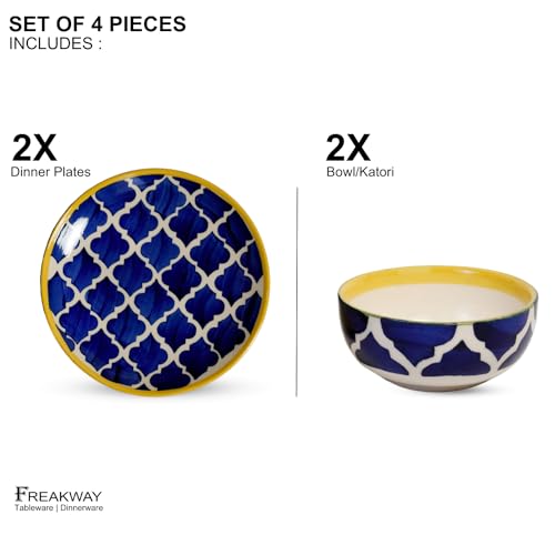 Image of Freakway Premium Moroccan Hand Glazed Dinner Set of 4 Pieces for Dinner with Bowls | 2 Dinner Plates and 2 Serving Bowl /katori | Microwave & Dishwasher Safe - Blue