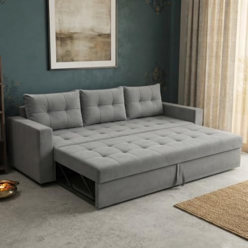 Image of FURNY Tressa 3 Seater Fabric Pull-Out Sofa Cum Bed Function (Light Gray) | Luxury Velvet Suede Finish | Durable Comfort Sofa Bed for Modern Living Room & Office Spaces