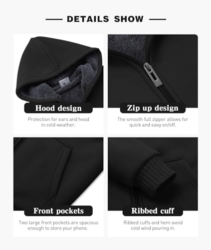 Image of SECOOD Kids Hoodie Fleece Jacket Warm Sherpa Lined Zip Up Hooded Sweatshirt Soft Winter Coat Boys Girls School Outerwear