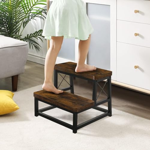 Image of 82984 Heavy Duty Wooden Step Stool for Adults, 2 Tier Heavy Duty Step Stool for High Bed with Non-Slip Feet, Using for Bedroom, Living Room, Bathroom and Kitchen