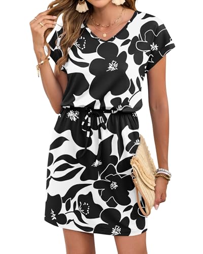 Image of AUSELILY Womens Summer Mini Dress, Short Sleeve V Neck Drawstring Casual | Soft smooth drape with an adjustable drawstring waist for beach, casual outings and daily wear