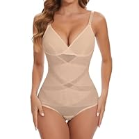 SHAPERIN Women Tummy Control Bodysuit Shapewear Waist Trainer Body Shaper V Neck Slimming Leotard Sculpting Body Suit, Light Beige, M