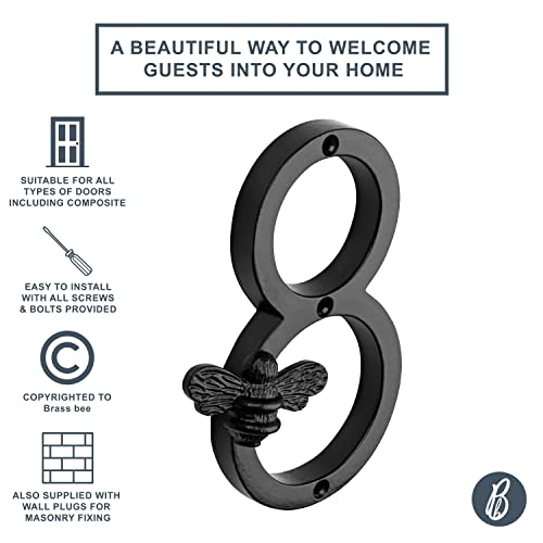 Brass Bee House Number With Bee Design | 5 Inch Modern Door Sign Numbers Signs Plaques | Street Home Address Numerals, Black Iron Metal 0-9 (8) #TOP1