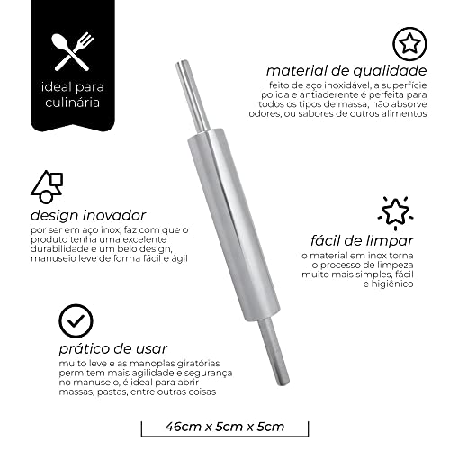 Mimo Style Rolo de Masssa de Aço Inoxidável 46cm. É Perfeito Para Todos os Tipos de Massa. Elegante,