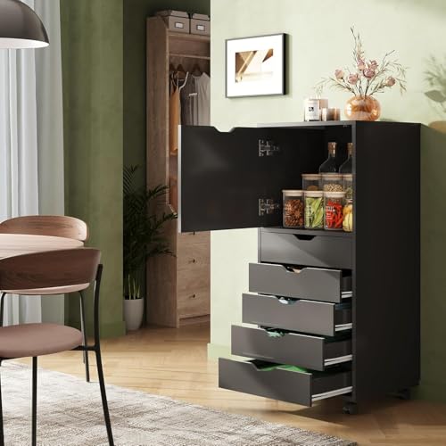 Image of DEVAISE 5-Drawer Wood File Cabinet, Mobile Filing Cabinet with 1 Door, Wide Storage Space for Home Office, Black