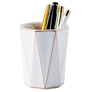 Ceramic Cute Geometric Pen Holder With Gold Line Stand Pencil Cup Pot Desk Organizer Makeup Brush Holder (White)