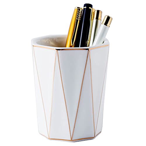 Ceramic Cute Geometric Pen Holder With Gold Line Stand Pencil Cup Pot Desk Organizer Makeup Brush Holder (White)