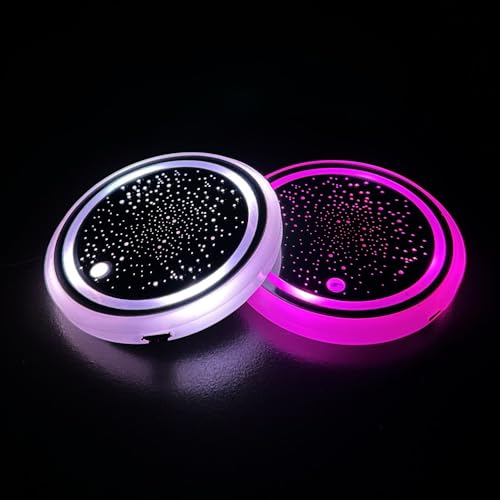 2個セット 車内 LEDコースター 光る 明るさセンサー 自動点灯消灯 車載 車用 丸型ドリンクホルダー カップホルダー ボトルコースター ライトマット おしゃれ 7色発光 ライトカップパッド 車装飾 カラフルなカーウォーターカップホルダー (満天の星)