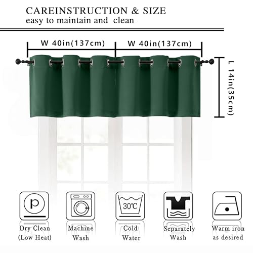 Image of Simplebrand Ever Green Window Valance for Kitchen 14 Inches Long 2 Panels Set, Room Darkening Valance Curtains for Living Room, Grommet Short Privacy Kitchen Curtains for Bedroom Kids Room, 40Wx14L