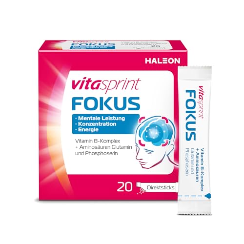 Vitasprint Fokus Direktsticks, 20 Stück – Vitamin B-Komplex -Kombination aus Vitamin B2, B3, B6, B12 und Aminosäuren für Konzentration, Energie und geistige Leistungsfähigkeit*.
