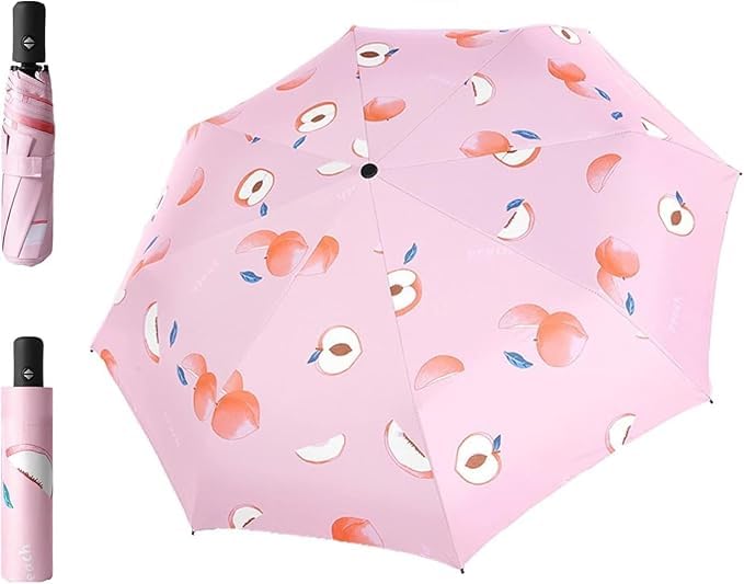 Pink Fruit Print 3 Fold Manual Umbrella, Black Coated, 23 Inch | UV-Blocking Black Coating, Rain & Sun Use, Lightweight & Travel-Ready, Manual Opening, For Men & Women.-image-14
