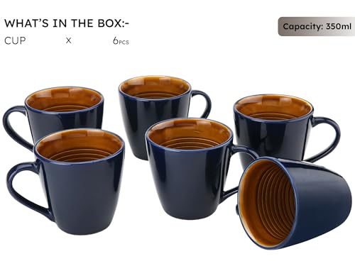 Image of Bodhi House Handcrafted Ceramic Coffee Mug Set of 6 Pieces (350 Ml), Stoneware Tea Cup, Microwave Safe Large Milk Mug, Glossy Finish, Ideal for Daily use, Casual Gatherings and Gifting, Royal Blue
