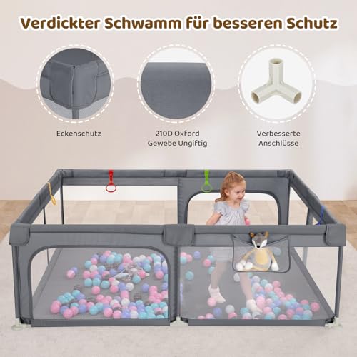 Dripex Laufstall Baby 150x180cm, Laufgitter Baby, Laufstall mit atmungsaktivem Netz, Laufgitter 210D Oxford Gewebe, Playpen, kinderlaufstall, Große Sicherheitsspielplatz, Grau